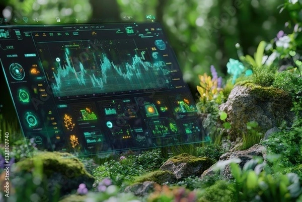 Fototapeta Futuristic Digital Interface Displaying Data in a Lush Green Forest