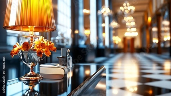 Obraz Reflective Table Lamp with Orange Shade in Grand Hall Interior