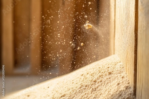 Fototapeta Fine Wood Dust Particles Floating in Air from Freshly Cut Timber