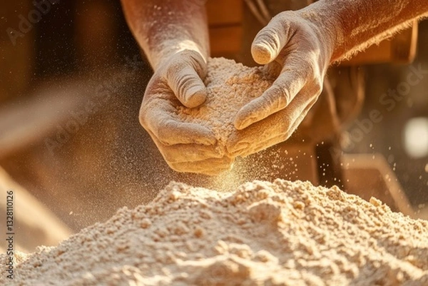 Fototapeta Hands of Worker Holding Flour with Dust in Air in Bakery Setting