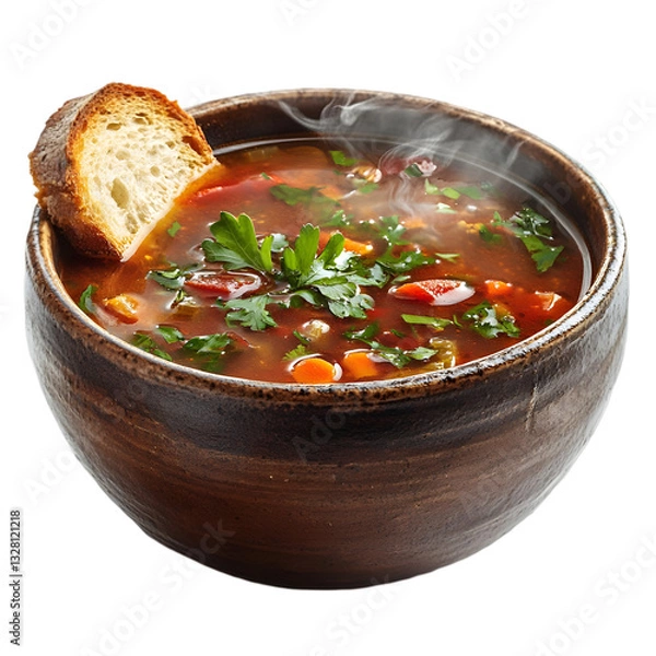 Obraz A steaming bowl of hearty vegetable soup garnished with fresh herbs, accompanied by a slice of crusty bread, perfect for a cozy meal.