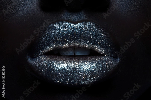 Fototapeta Close-up of a woman's lips with shimmering silver glitter, showcasing a bold and glamorous style.
