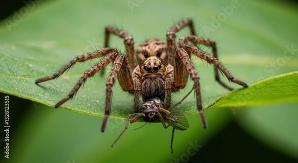 Fototapeta Macro Photography of a Wolf Spider Devouring its Prey on a Lush Green Leaf in a Natural Habitat