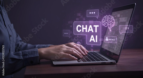 Fototapeta Holographic AI chat application concept with hand interacting on a laptop.