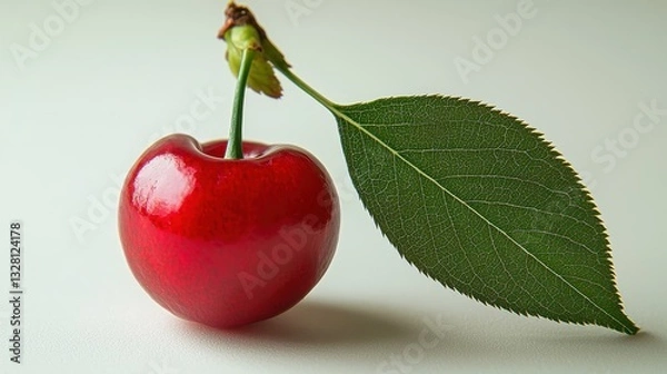 Fototapeta A vibrant red apple rests on a rustic wooden surface, its glossy skin reflecting light. A fresh green leaf clings to the top, adding a touch of nature's beauty to the scene.