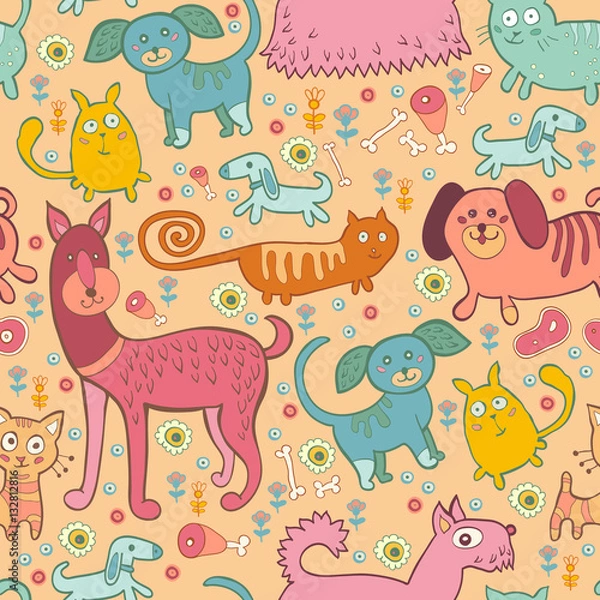 Fototapeta Seamless pattern of doodle dogs and cats