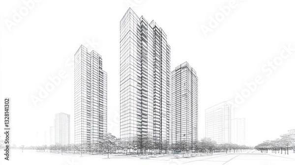 Fototapeta Architectural sketch of modern high-rise buildings, urban planning concept, urban design, use stock photo