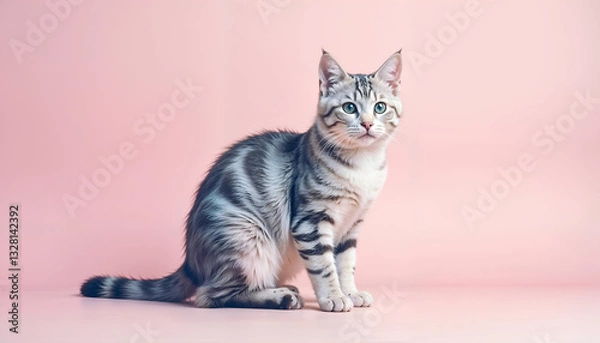 Obraz Adorable silver tabby cat sitting on a pink background looking curious and calm. 