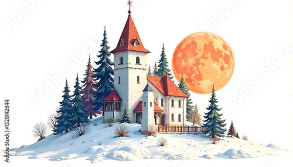 Obraz Majestic castle on a snowy hill with a glowing moon in the background. 