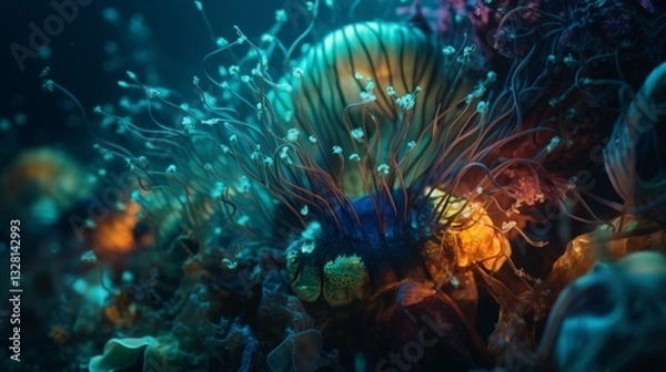Obraz Vibrant Underwater Coral Reef Ecosystem with Luminescent Sea Anemones