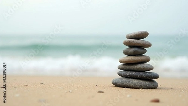 Fototapeta Minimalist Zen Stones Stacked on Sandy Beach for Relaxation and Balance