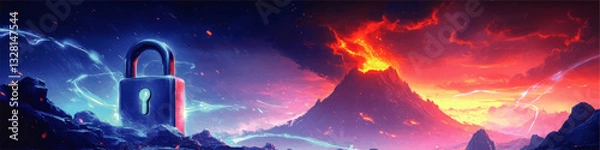 Fototapeta Stunning Vector Artwork of Mystical Volcanic Eruption with Glowing Shield Padlock in a Surreal Landscape Evoking Security and Adventure Amidst Vibrant Sky