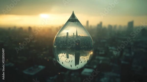 Obraz Teardrop Lens Revealing a Sprawling Urban Cityscape – Symbolizing Humanity, Emotion, and Life Within a Vast Metropolis – Surreal Conceptual Art – Generative AI