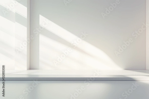 Fototapeta 3D empty white room with a floor and walls. A minimalist interior design, Sunlight shines through the window