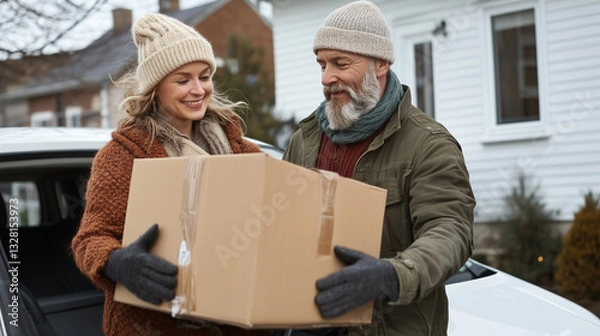Fototapeta Cheerful couple loading moving boxes into car, feeling excited about move and embracing new beginning of life together