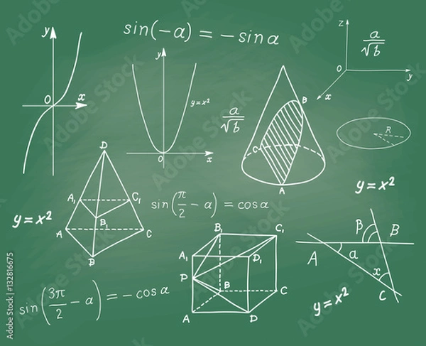 Obraz Mathematics - geometric shapes and expressions sketches on school board