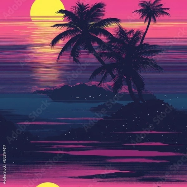 Obraz Pattern seamless of Tropical Sunset with Silhouette of Palm Trees and Ocean Waves