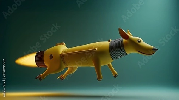 Fototapeta Dog flying on a rocket through a blue sky during a whimsical afternoon adventure