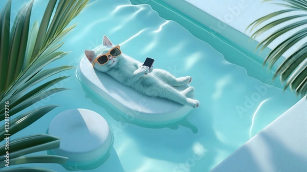 Fototapeta Relaxing cat in sunglasses floating in a stunning pool surrounded by palm trees on a sunny day