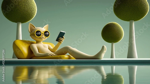 Fototapeta Cat character relaxing by a tranquil pool, enjoying a mobile device under trees 3D