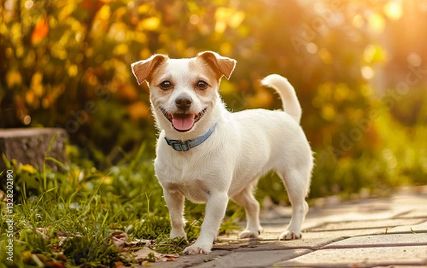 Obraz A joyful white Jack Russell Terrier enjoys the sunlight in nature. The bright background and playful energy capture the essence of a happy outdoor moment.