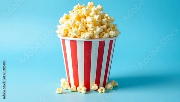 Fototapeta Popcorn in Striped Bucket Against a Blue Background
