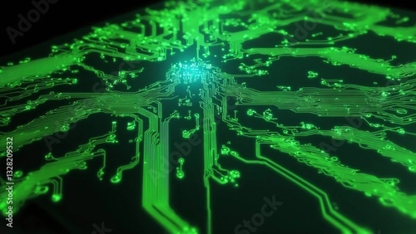 Fototapeta Futuristic Green Circuit Board: High-Tech Motherboard with Glowing Pathways for Innovation, Artificial Intelligence, and Computer Technology Design.
