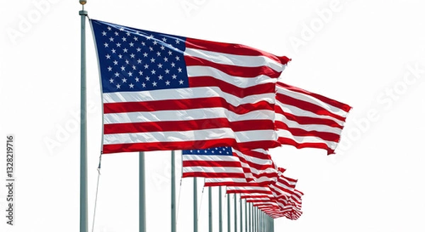 Fototapeta Row of American Flags Waving in the Wind
