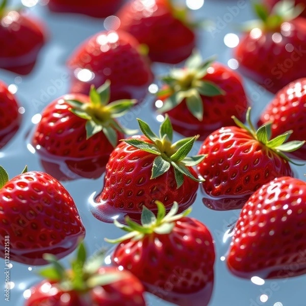 Obraz Fresh and Juicy Strawberries in Bright Blue Water Reflection