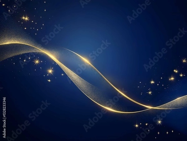 Fototapeta Navy Background with Gold Wave and Flowing Stars, Dark Blue Starry Wave Background, Gold Particle Wave on Navy Background, Sparkling Star Wave Background, Gold Flowing Stars and Wave Wallpaper