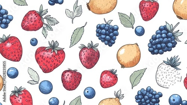 Fototapeta Colorful berry pattern, summer fruits, white background, food design