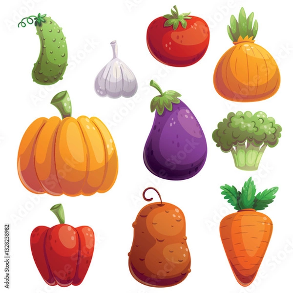 Obraz A vibrant and colorful collection of cartoonstyle vegetables, featuring carrots, pumpkins, and various peppers