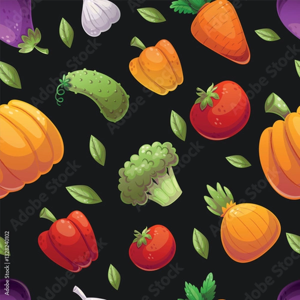 Fototapeta A colorful illustration of assorted vegetables artfully scattered on a striking black background, visually appealing