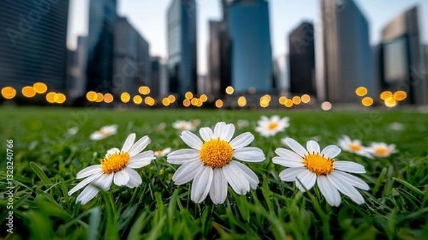 Obraz White Daisies in Green Grass with Blurred Cityscape Background