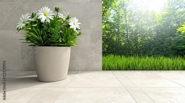 Obraz White Daisies in Pot Against Gray Wall with Sunny Green Background