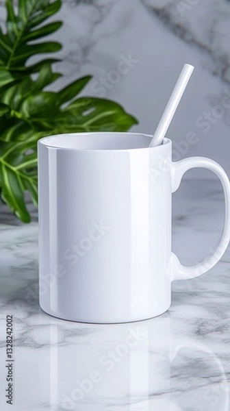 Obraz White Ceramic Mug on Marble Surface with Green Leaves
