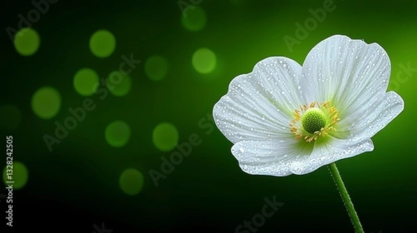 Obraz White Flower with Dew Drops on Dark Green Bokeh Background