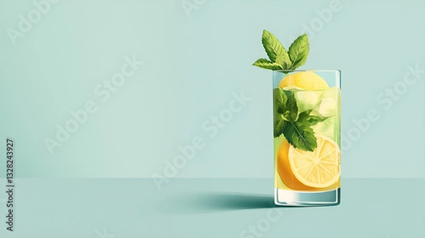 Fototapeta A photo of a colorful lemon mocktail glass with mint leaves, minimalist, slim and light, Retro product advertising. Industrial design inspiration, natural lighting, on the desk, nice shot. minimal.
