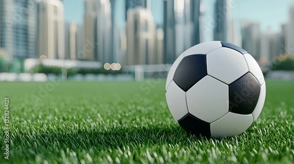 Obraz Wet Soccer Ball on Green Field with Cityscape Background