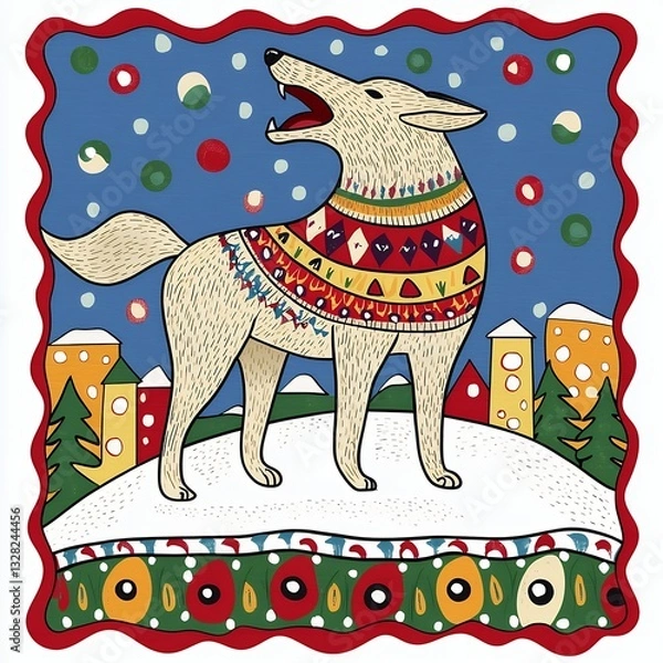 Obraz Whimsical Beige Wolf in Colorful Sweater Howling in Snowy Night