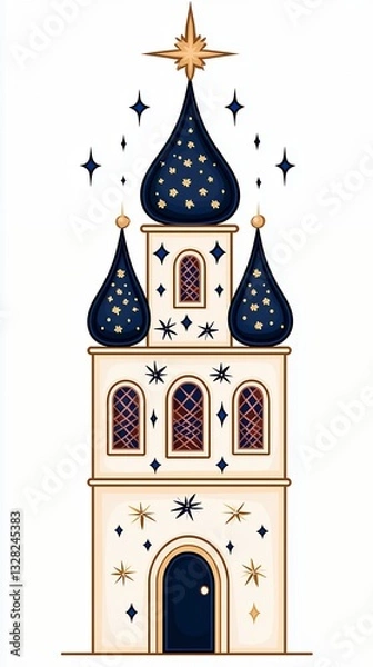 Obraz Whimsical Pixel Art Tower with Navy Blue Domes and Gold Stars