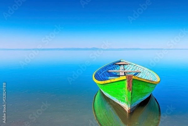 Obraz Weathered Multicolored Boat on Calm Blue Lake Under Clear Sky