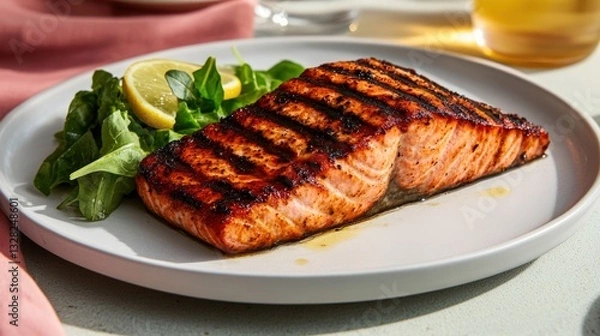 Obraz Grilled salmon fillet with fresh arugula and lemon
