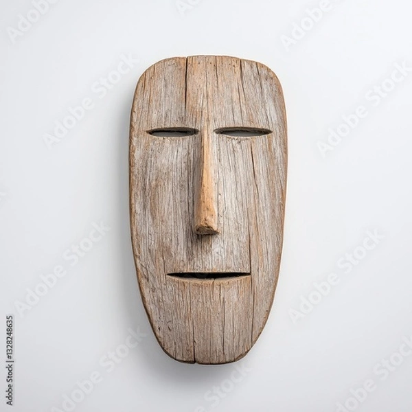 Obraz Weathered Wooden Mask with Serene Expression Against White Background