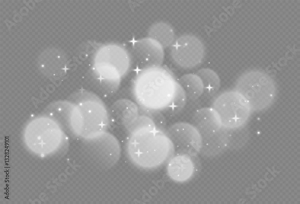 Fototapeta White bokeh with stars and sparkles, shiny overlay decoration isolated on grey background. Vector illustration.