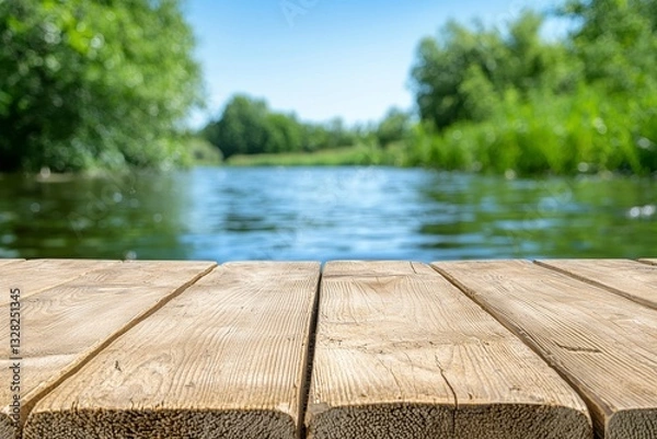Obraz Rustic Wooden Dock Overlooking a Calm River with Lush Green Foliage