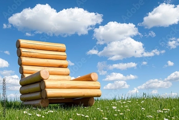 Obraz Rustic Log Armchair in a Daisy Field under a Sunny Sky