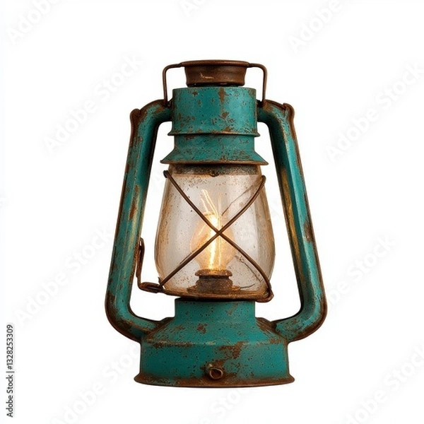 Obraz Rustic Teal Blue Metal Lantern with Glowing Lightbulb