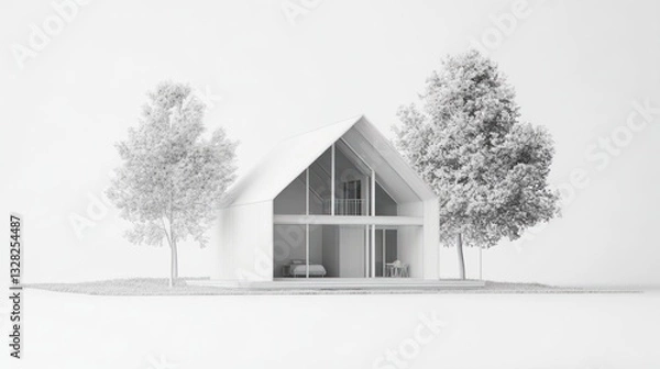 Fototapeta Modern minimalist house model, rendering, trees, design, architecture, background, 3D, illustration, digital