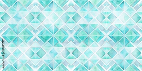 Fototapeta Panoramic Watercolor Geometric Pattern: Abstract Blue & White Textile Design